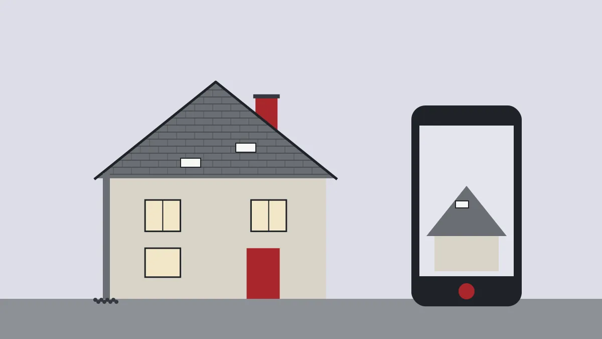 Illustration of a homeowner's phone photographing missing shingles on a house roof