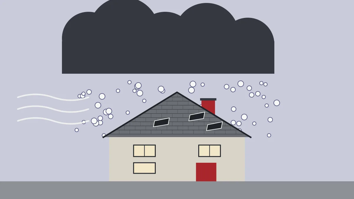 Illustration of a storm cloud dropping hail and wind lifting shingles on a Toledo house